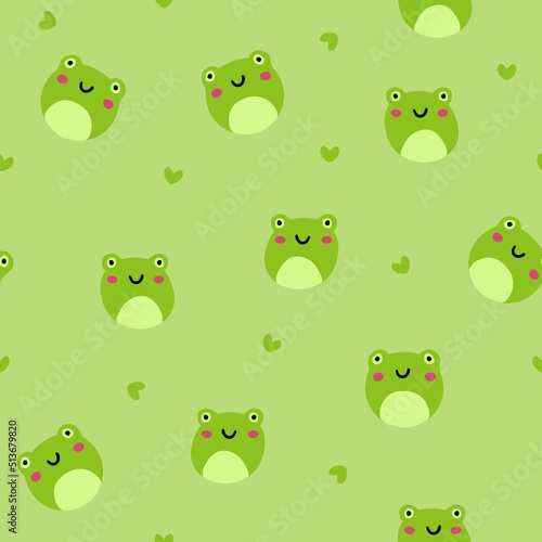 Seamless pattern of cute smiling frogs for kids fabric print, textile, gift wrapping paper, wallpaper, etc. Flat style cartoon vector illustration on green background