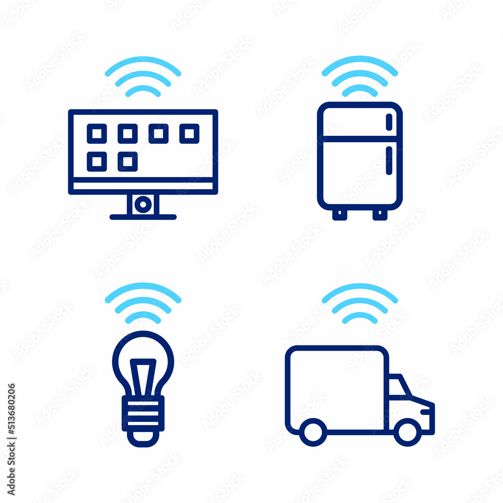 Set line Smart truck, light bulb, refrigerator and Tv system icon. Vector Set line Smart truck, light bulb, refrigerator and Tv system icon. Vector