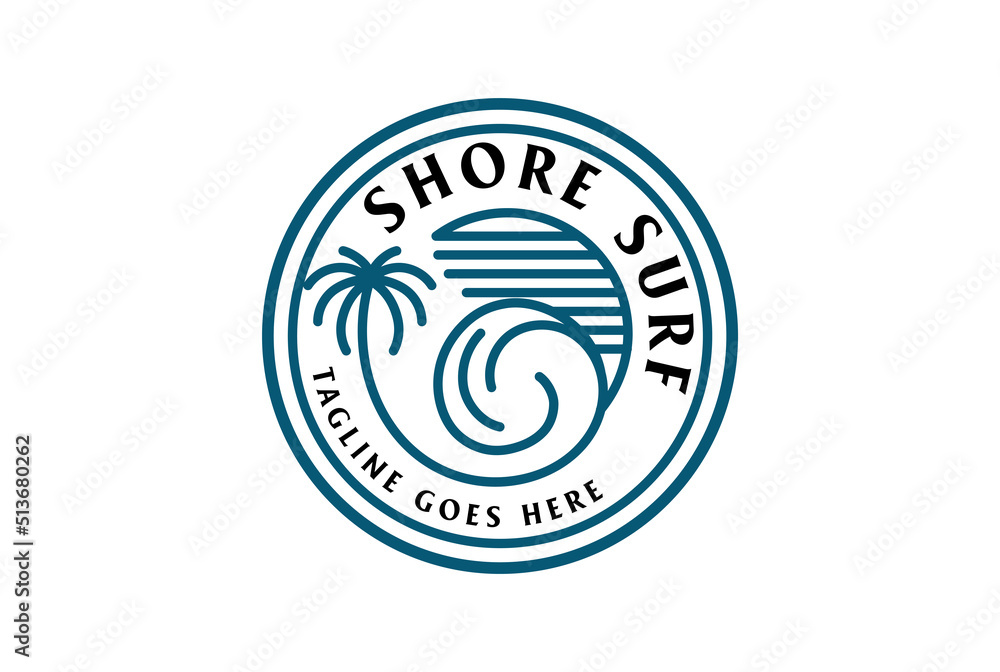 Circular Sun Palm Coconut Tree with Ocean Sea Wave for Surf Beach Vacation Logo Design Vector Circular Sun Palm Coconut Tree with Ocean Sea Wave for Surf Beach Vacation Logo Design Vector