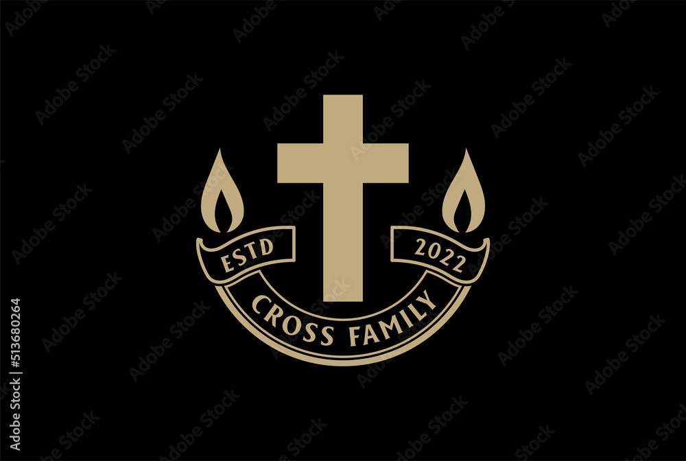 Obraz premium Vintage Jesus Christian Cross with Ribbon Badge Emblem Label for Church Chapel Logo Design Vector