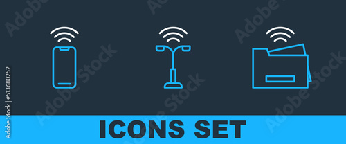 Set line Smart printer, Wireless smartphone and street light icon. Vector