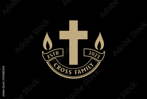 Vintage Jesus Christian Cross with Ribbon Badge Emblem Label for Church Chapel Logo Design Vector