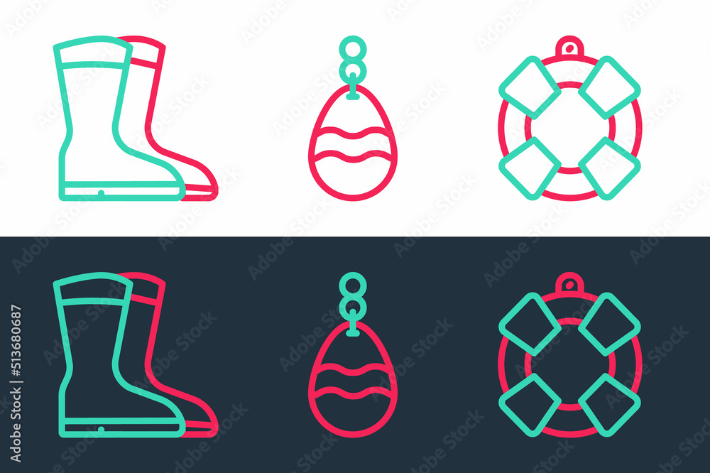 Set line Lifebuoy, Fishing boots and spoon icon. Vector Set line Lifebuoy, Fishing boots and spoon icon. Vector