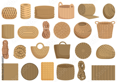 Jute icons set cartoon vector. Canvas hessian. Stith mat