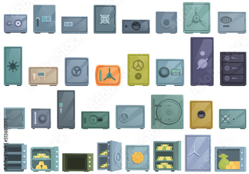 Deposit box icons set cartoon vector. Safe bank. Money closed