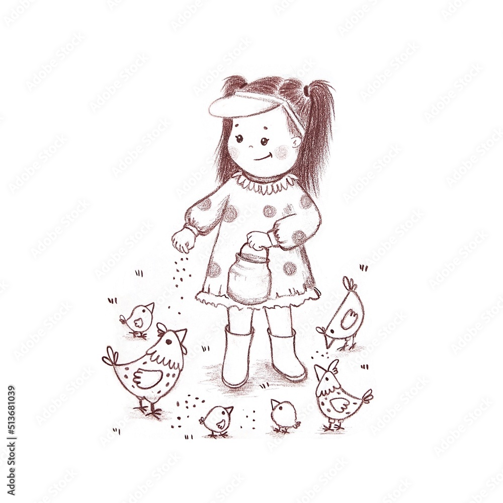 Hand drawn pencil sketch of a cute little girl feeding chickens. Children farmer life Hand drawn pencil sketch of a cute little girl feeding chickens. Children farmer life