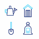 Set line Full sack, Shovel, Wooden outdoor toilet and Watering can icon. Vector