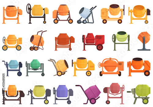 Cement mixer icons set cartoon vector. Concrete material. Worker mix