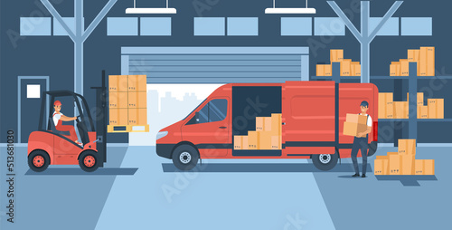 Warehouse with working forklift, cargo van and employees. Vector illustration.
