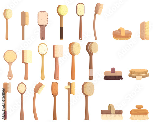 Body massage brush icons set cartoon vector. Spa bath. Wood body