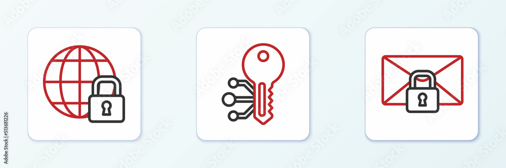Set line Mail message lock password, Global lockdown and Cryptocurrency key icon. Vector Set line Mail message lock password, Global lockdown and Cryptocurrency key icon. Vector