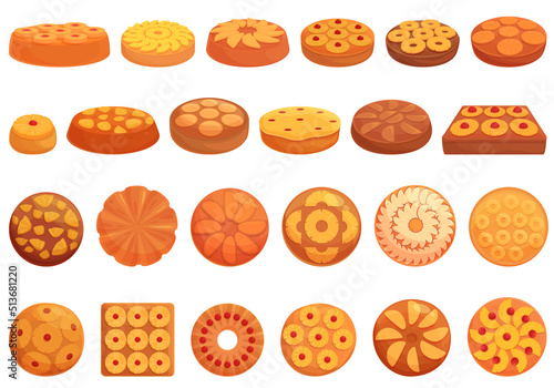 Upside-down cake icons set cartoon vector. Tart food. Baked dessert
