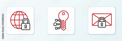 Set line Mail message lock password, Global lockdown and Cryptocurrency key icon. Vector