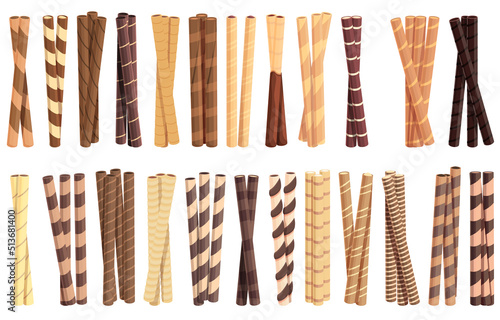 Wafer rolls icons set cartoon vector. Choco stick. Roll sweet