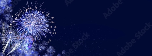 Fireworks, white-blue sylvester-fireworks on dark blue background with sparks and space for text