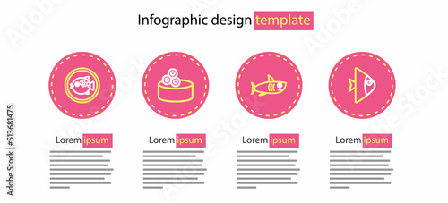 Set line Shark, Fish, Tin can with caviar and Puffer fish on plate icon. Vector