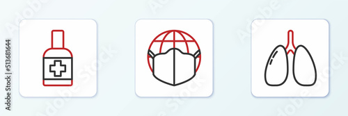 Set line Lungs, Liquid antibacterial soap and Earth with medical mask icon. Vector
