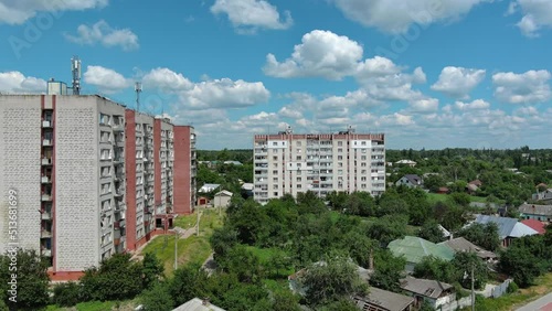 Chernihiv, Ukraine - June 27, 2022: War in Ukraine. Damaged ruined multi-storey house in ukrainian city Chernihiv near Kyiv on north of Ukraine. Ruins during War of Russia against Ukraine. photo