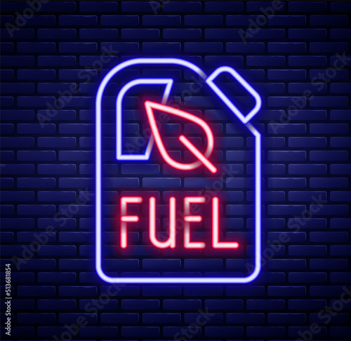 Glowing neon line Bio fuel canister icon isolated on brick wall background. Eco bio and barrel. Green environment and recycle. Colorful outline concept. Vector