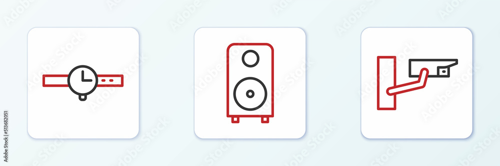 Set line Security camera, Wrist watch and Stereo speaker icon. Vector Set line Security camera, Wrist watch and Stereo speaker icon. Vector