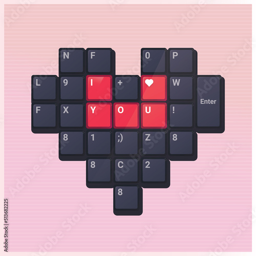 Keyboard heart with text "I Love You". Vector shape on pink background