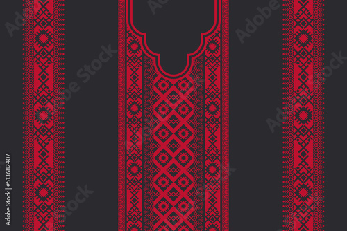 Vector red-black color ethnic geometric shape neck embroidery pattern design with border. Tribal art fashion for shirts.