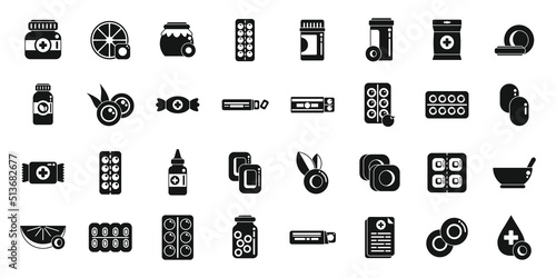 Cough drops icons set simple vector. Pill medicine