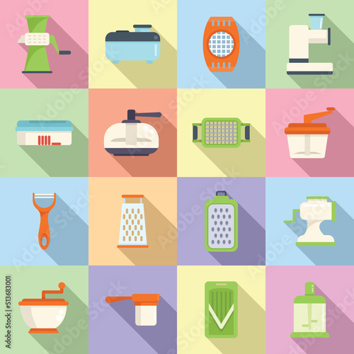 Vegetable cutter icons set flat vector. Chopper appliance