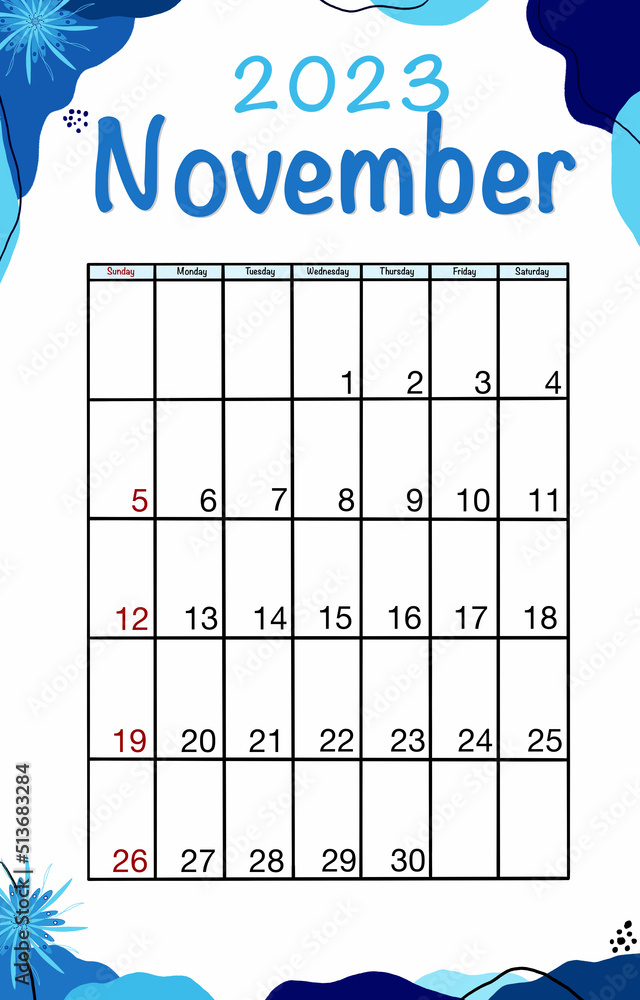 November planner calendar 2023 year. English vector vertical November planner calendar 2023 year. English vector vertical