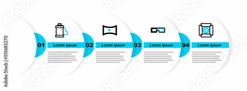Set line Movie spotlight, 3D cinema glasses, Online play video and Camera film roll cartridge icon. Vector