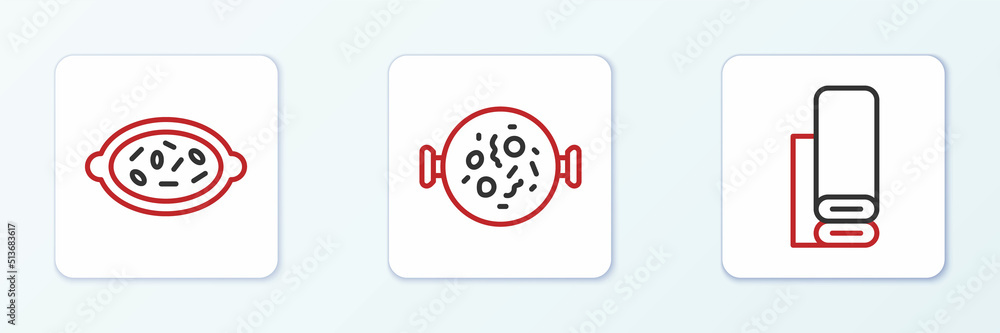 Set line Indian textile fabric, Kheer in bowl and Chicken tikka masala icon. Vector Set line Indian textile fabric, Kheer in bowl and Chicken tikka masala icon. Vector