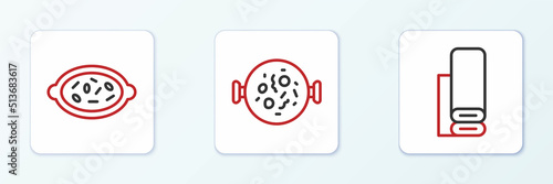 Set line Indian textile fabric, Kheer in bowl and Chicken tikka masala icon. Vector