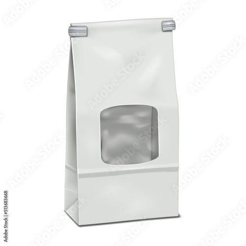 Blank white tin tie paper gusseted bag with clear window vector mock-up. Reclosable pouch package for coffee, tea, sweets realistic mockup