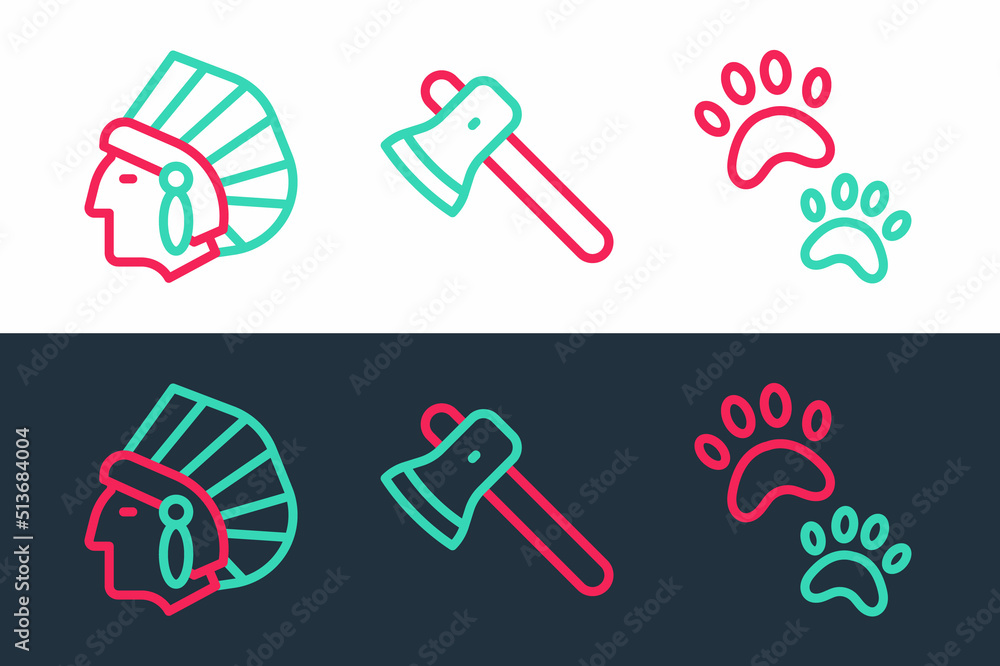 Set line Paw print, Native American Indian and Wooden axe icon. Vector Set line Paw print, Native American Indian and Wooden axe icon. Vector