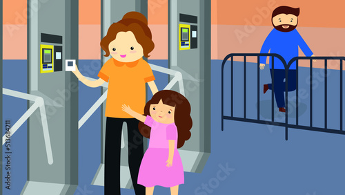Mom and daughter apply a payment card to the turnstile