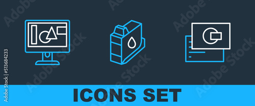Set line Business card, Computer monitor screen and Printer ink cartridge icon. Vector