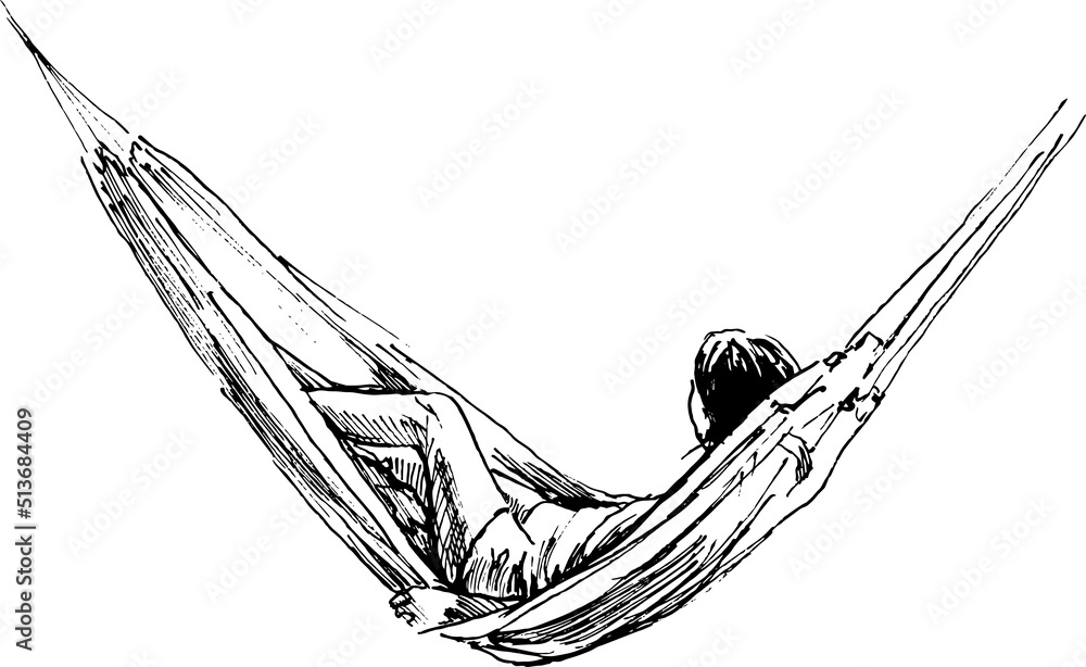 Hand sketch of a woman in a hammock. Vector illustration. - obrazy, fototapety, plakaty 
