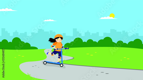 A girl in a helmet rides a scooter along a path in the park