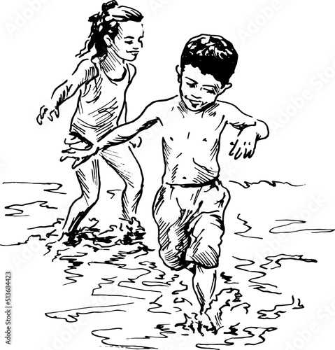 Hand sketch of playing children on the beach. Vector illustration.