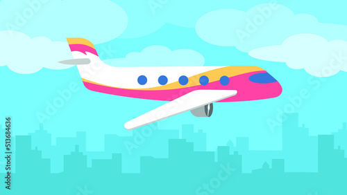 plane flies over the city