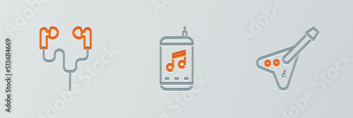 Set line Electric bass guitar, Air headphones and Music player icon. Vector
