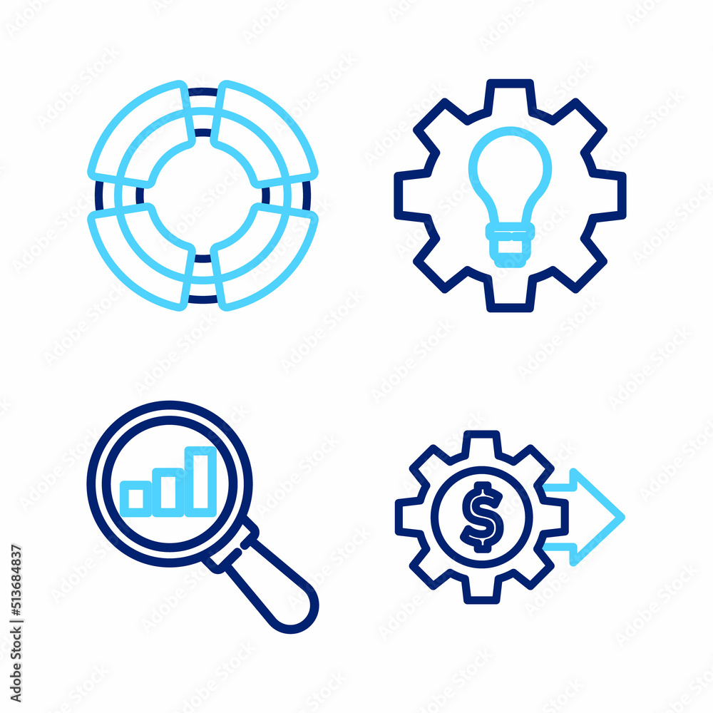 Set line Gear with dollar, Magnifying glass and analysis, Light bulb gear and Business lifebuoy icon. Vector Set line Gear with dollar, Magnifying glass and analysis, Light bulb gear and Business lifebuoy icon. Vector