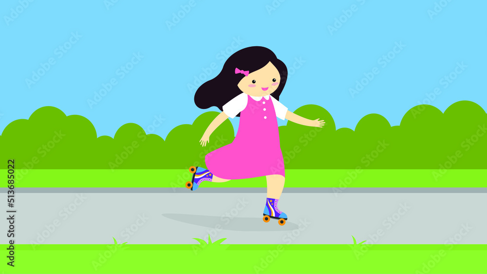 Girl in a dress rollerblading on the road