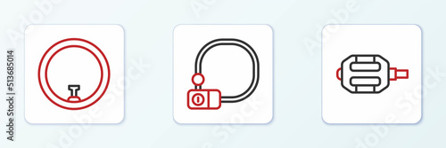 Set line Bicycle pedal, wheel and lock icon. Vector