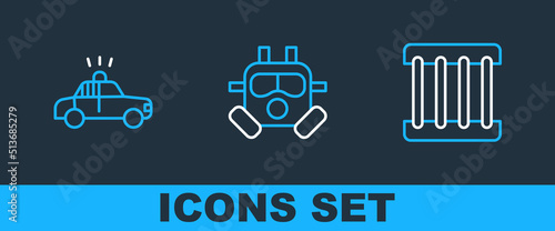 Set line Prison window, Police car and flasher and Gas mask icon. Vector