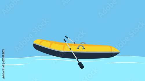 An inflatable boat with oars floats on the water