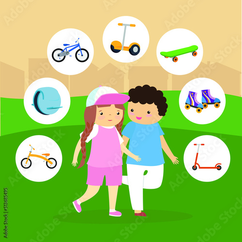 A boy and a girl are discussing what kind of transport they will ride. Runbike, unicycle, bicycle, segway, skate, rollers, scooter photo