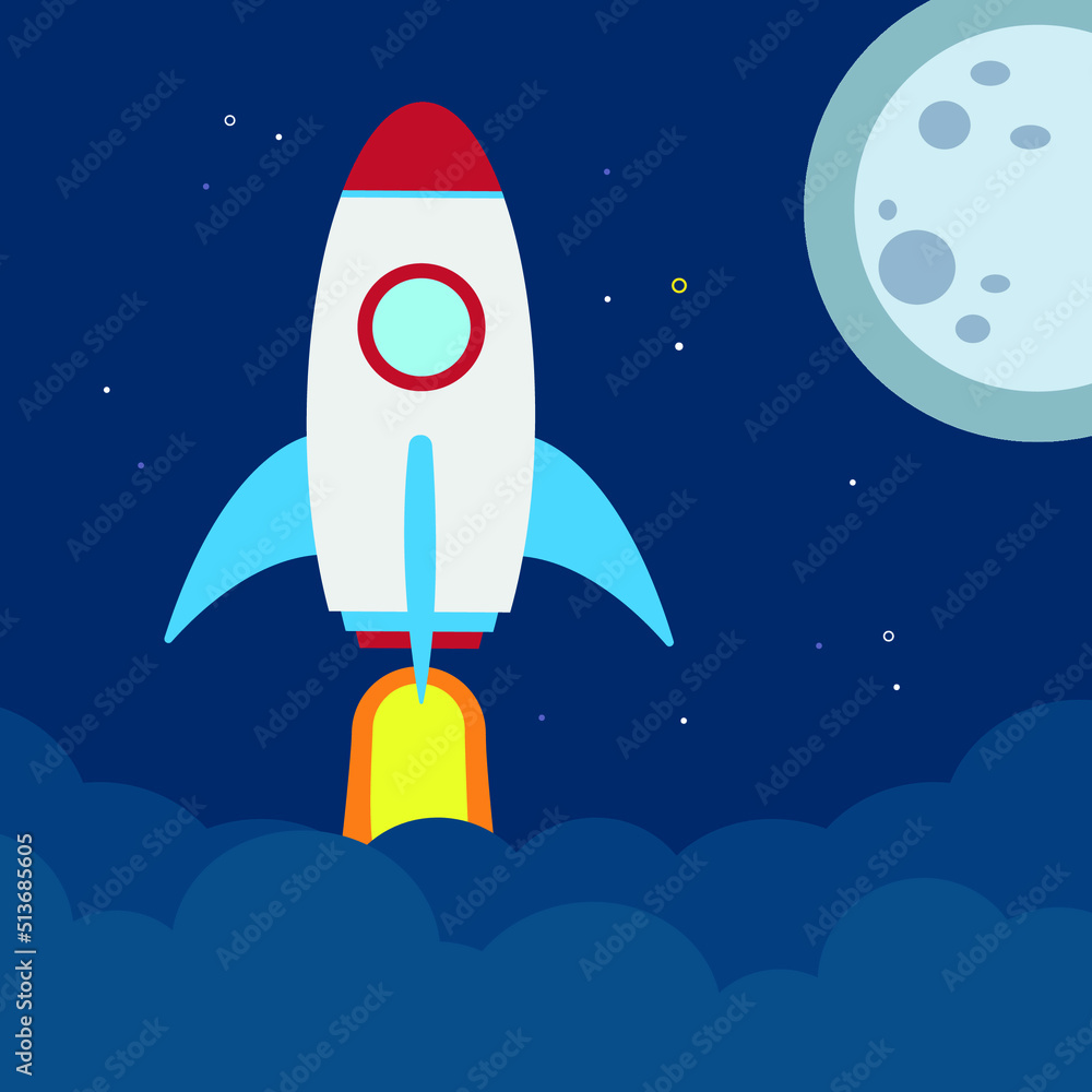 Space rocket takes off at night against the backdrop of the moon Space rocket takes off at night against the backdrop of the moon