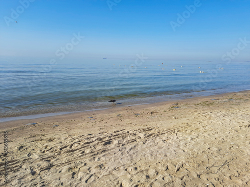 Sandy empty beach on a background of blue water of the Black Sea. Seagulls. Koblevo photo