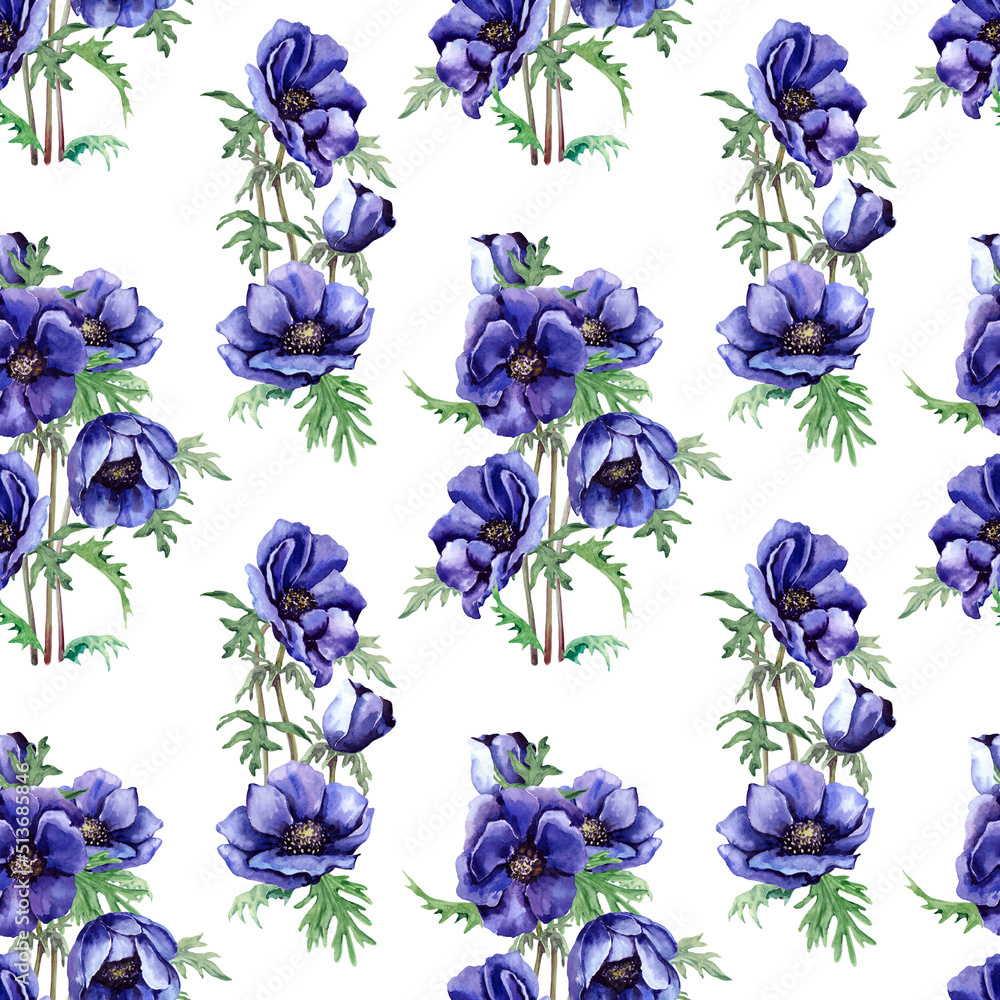 Floral seamless pattern bouquets of purple anemone flowers with buds, green leaves. Hand drawn watercolor illustration on white background for fabric, wallpaper, textile, packaging, scrapbooking.